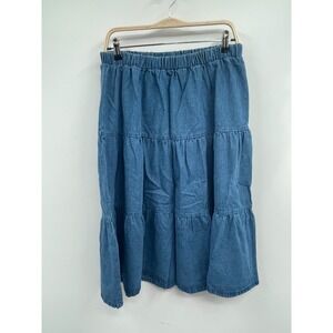 Easy Essentials Midi Skirt Women Large Blue Denim 100% Cotton Tiered A-Line NWOT